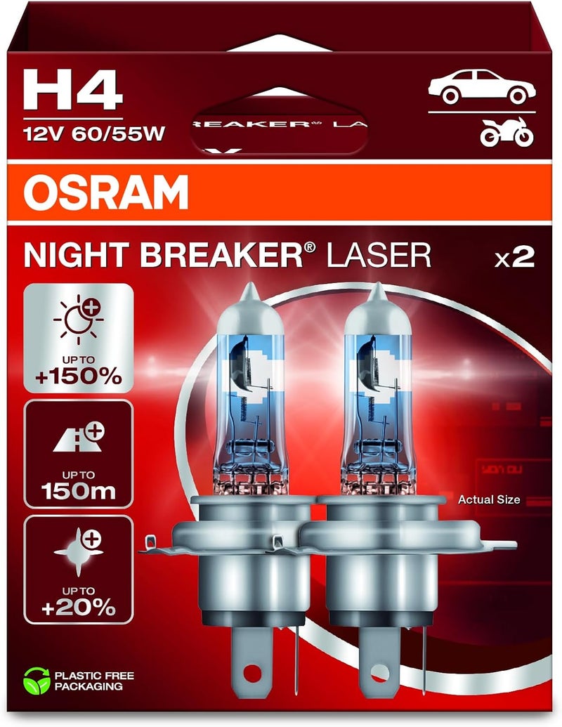 OSRAM لامبة هالوجين أمامية NIGHT BREAKER LASER H4، أكثر إشراقًا بنسبة +150%، 64193NL-2HB، 12 فولت، علبة قابلة للطي (2 لمبات) - Image 1
